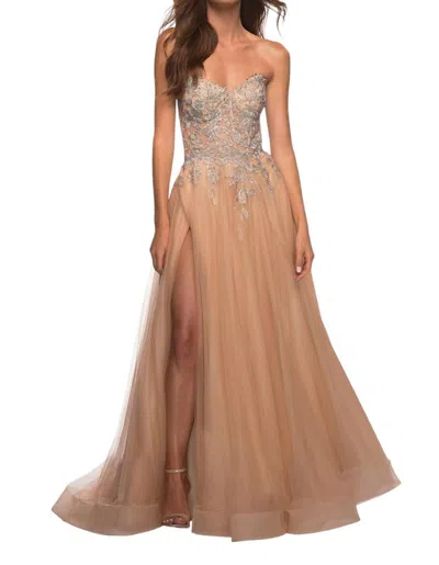 La Femme Stunning Strapless Tulle And Lace Prom Dress In Champagne In Brown