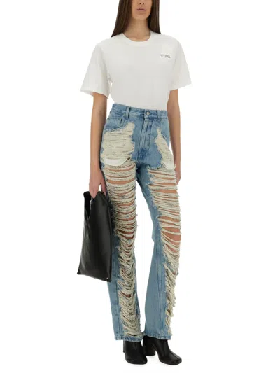 Mm6 Maison Margiela Mm6 By Maison Margiela Distressed Straight Leg Denim Jeans With White Stitching In Blue