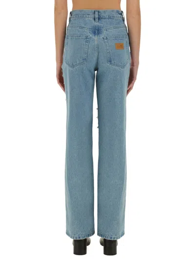 Mm6 Maison Margiela Mm6 By Maison Margiela Distressed Straight Leg Denim Jeans With White Stitching In Blue