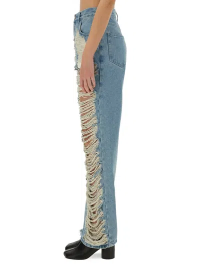 Mm6 Maison Margiela Mm6 By Maison Margiela Distressed Straight Leg Denim Jeans With White Stitching In Blue