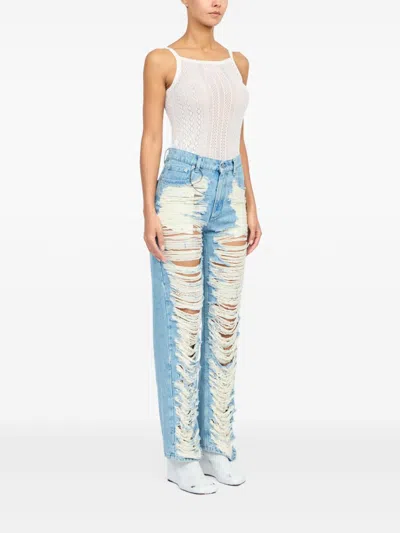Mm6 Maison Margiela Mm6 By Maison Margiela Distressed Straight Leg Denim Jeans With White Stitching In Blue