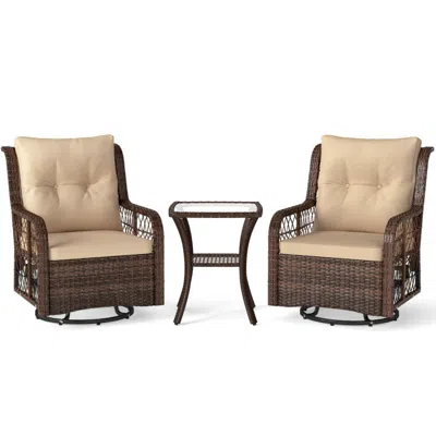 Hivvago 3 Pieces Patio Furniture Set Pe Wicker Swivel Glider Chairs With 2-tier Side Table And Cushions In Brown