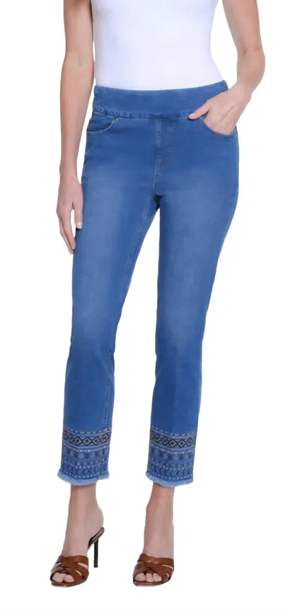 Slimsation By Multiples Slim-sation Women's Pull Over Ankle Jean With Embroidered Hem And Real Front Or Back Pockets In Medi