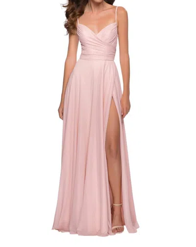 La Femme Metallic Chiffon Gown With Cross-over Ruched Bodice In Blush