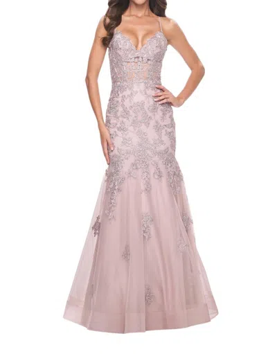 La Femme Mermaid Lace Embellished Gown With Illusion Top In Pink