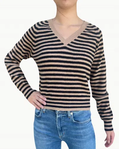Jumper1234 Crop Stripe V-neck Pullover Sweater In Camel Black
