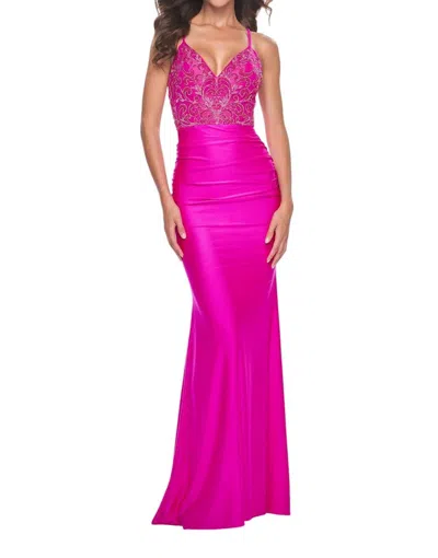 La Femme Neon Prom Dress With Beautiful Lace Bodice And Jersey Skirt In Pink