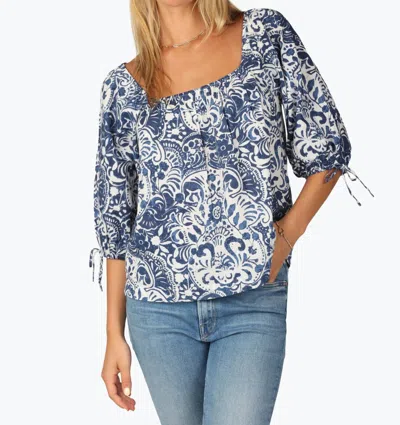 Dylan Emma Puff Sleeve Blouse In Indigo Toile In Blue