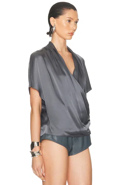 Lapointe Satin Short Sleeve Wrap Top In Gray