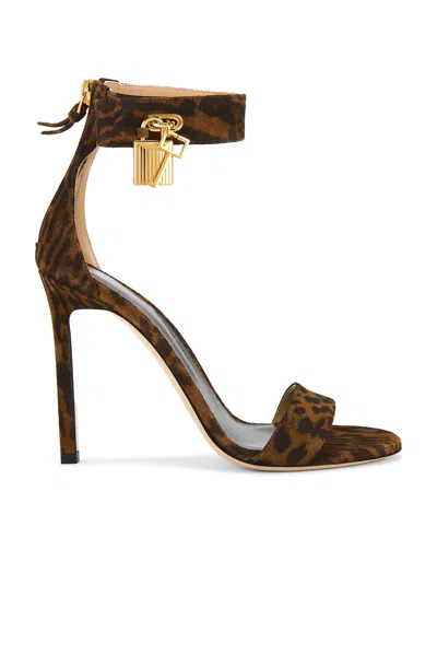 Tom Ford Brown Ocelot-print Suede Padlock Heeled Sandals In Brown