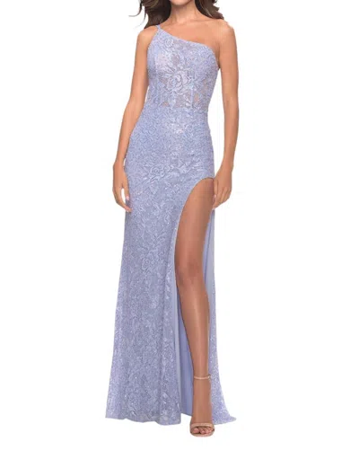 La Femme Beaded Lace One Shoulder Dress With Unique Lace Up Back In Purple