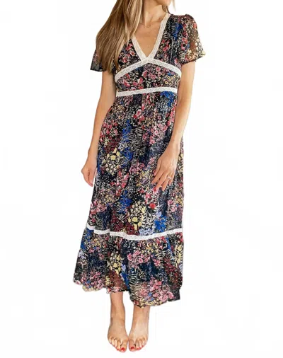 In-loom Bright Floral Chiffon Midi Dress In Black