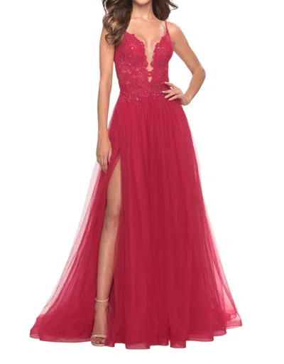 La Femme A-line Tulle Lace Prom Dress In Red In Red