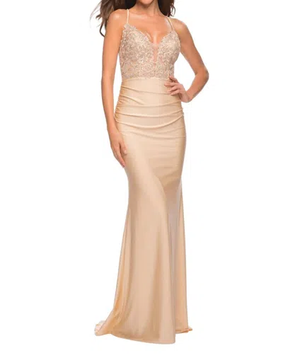 La Femme Prom Dress With Beautiful Lace Bodice And Jersey Skirt In Nude