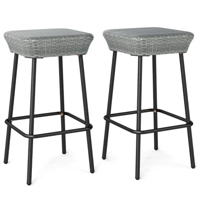 Hivvago 29.5 Inches Patio Bar Stools Set Of 2 With Rattan Seat And Footrest In Gray