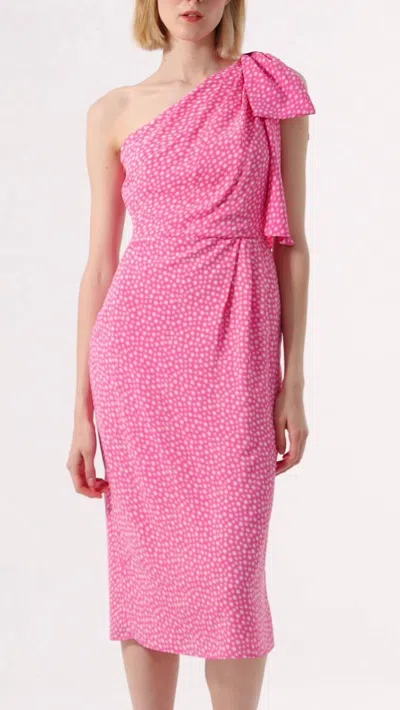 Exquise Bow Detailed One Shoulder Patterned Midi Dress In Original Print In Pink