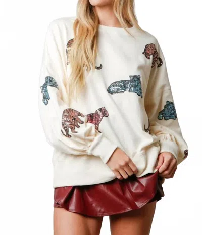 Peach Love Sequin Tiger Print Pullover Sweatshirt In Cream In Neutral