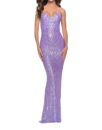 La Femme Gorgeous Print Sequin Dress With Lace Up Back