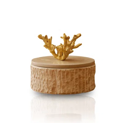 Marleth Women's Neutrals / Gold Handmade Travertine Storage Box With Brass Coral Handle, Ribbed Base