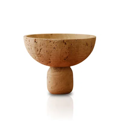 Marleth Neutrals Handmade Travertine Decorative Bowl, Beige & Rounded Pedestal Base Detail