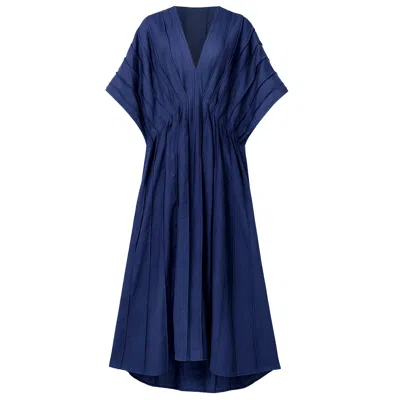 Kargede Women's Navy Blue Linen Kaftan Dress - Pleated Designer Caftan
