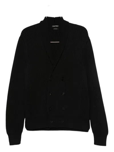 Tom Ford Shawl Collar Double-breasted Front Pockets Ribbed Texture In Black