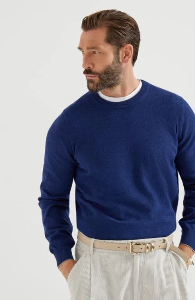 Brunello Cucinelli Cashmere Crew Neck Sweater With Ribbed Finish In Blue