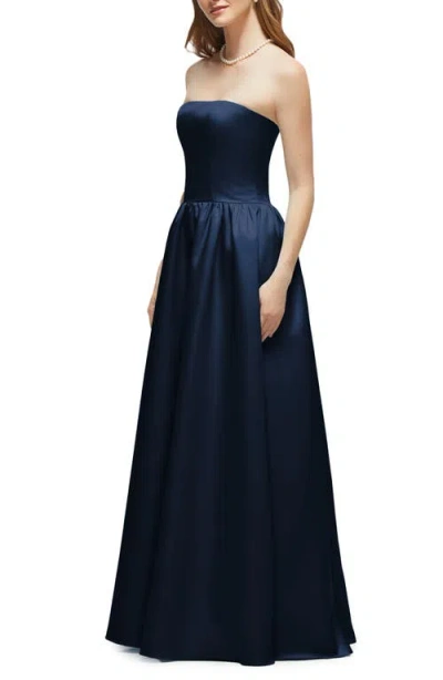 Dessy Collection Strapless Drop Waist Satin Twill Gown In Blue