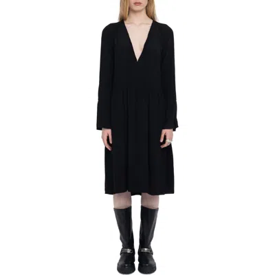 Zadig & Voltaire Rinas Plunge Neck Long Sleeve Dress In Black