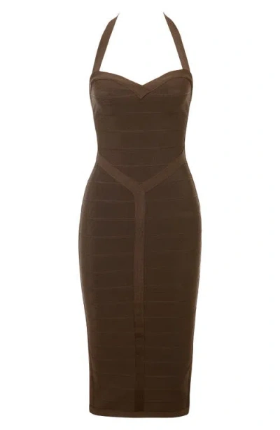 House Of Cb The Supermodel Halter Neck Bandage Midi Dress In Brown