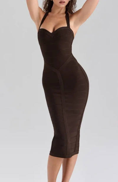 House Of Cb The Supermodel Halter Neck Bandage Midi Dress In Brown