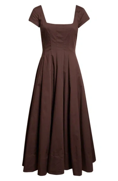 Staud Wells Short Sleeve Stretch Cotton Midi Dress In Brown