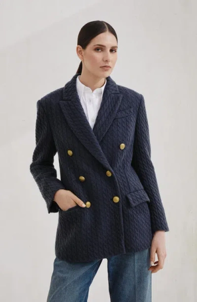 Brunello Cucinelli Cashmere Cable Knit Double-breasted Blazer In Blue