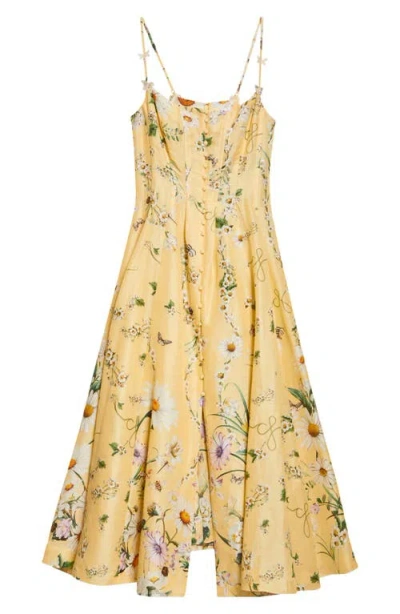 Camilla Daisy Chains Fit & Flare Linen & Silk Corset Dress In Yellow