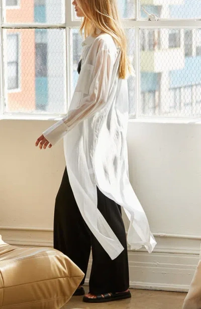 Crescent Long Line Sheer Button Up Top In White