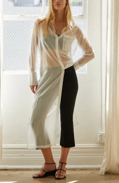 Crescent Long Line Sheer Button Up Top In White