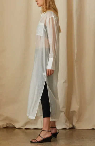 Crescent Long Line Sheer Button Up Top In White