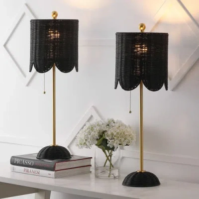 Jonathan Y Celerie 27.5" Coastal Bohemian Rattan/iron Scalloped Buffet Led Table Lamp With Pull Chai In Black