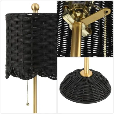 Jonathan Y Celerie 27.5" Coastal Bohemian Rattan/iron Scalloped Buffet Led Table Lamp With Pull Chai In Black