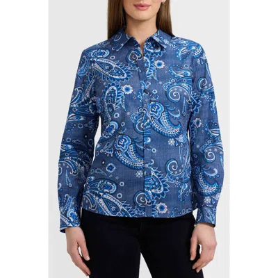 Foxcroft Hampton Paisley Print Cotton Poplin Button-up Shirt In Blue