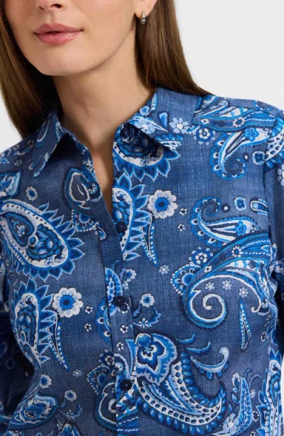 Foxcroft Hampton Paisley Print Cotton Poplin Button-up Shirt In Blue