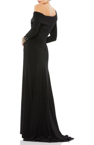 Mac Duggal Jeweled Cuff Drop Shoulder Faux Wrap Gown
