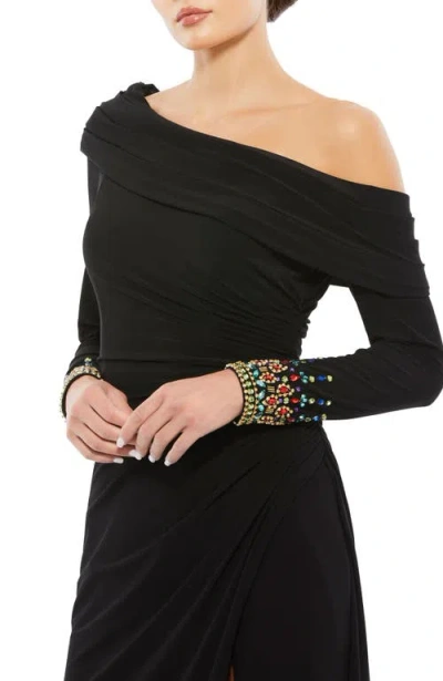 Mac Duggal Jeweled Cuff Drop Shoulder Faux Wrap Gown