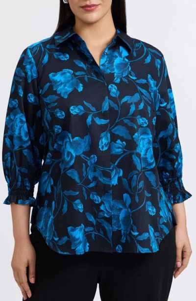 Foxcroft Olivia Floral Smocked Cuff Cotton Button-up Shirt