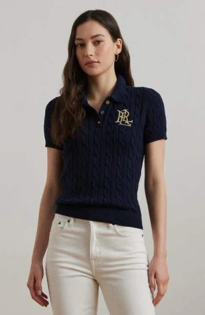 Ralph Lauren Lauren  Cable Knit Cotton Polo Sweater In Black