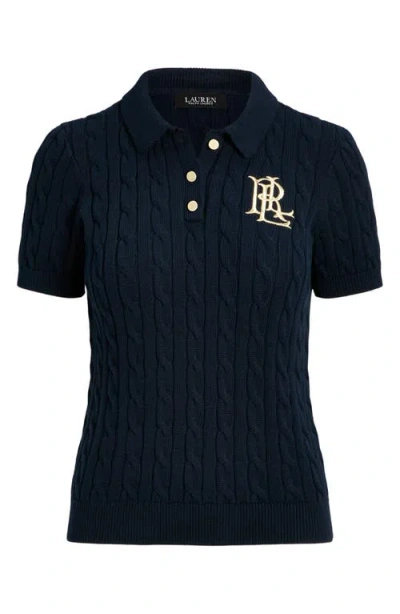 Ralph Lauren Lauren  Cable Knit Cotton Polo Sweater In Black