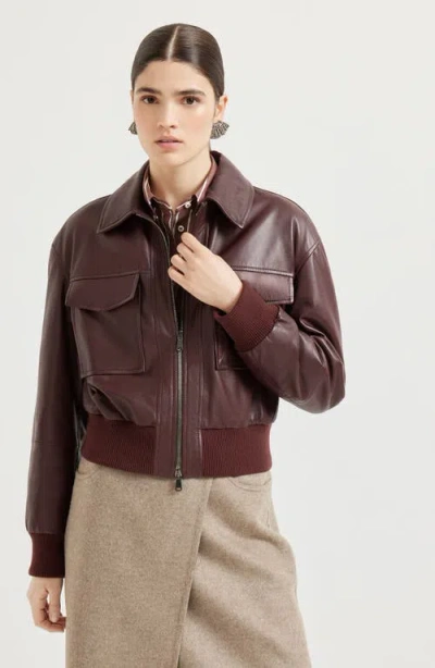 Brunello Cucinelli Soft Nappa Leather Bomber Jacket In Burgundy