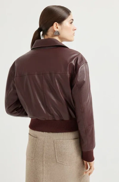Brunello Cucinelli Soft Nappa Leather Bomber Jacket In Burgundy
