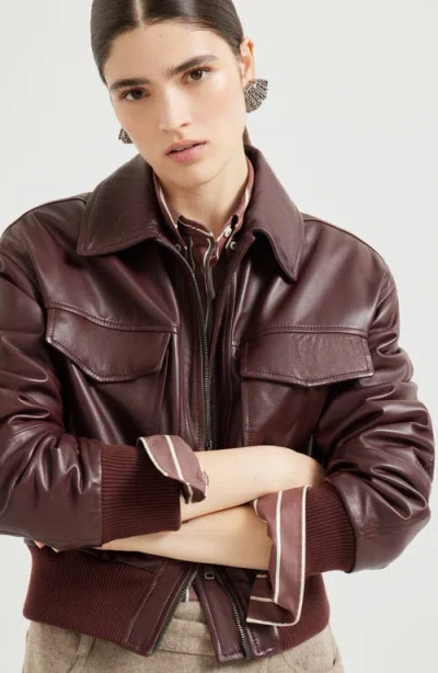 Brunello Cucinelli Soft Nappa Leather Bomber Jacket In Burgundy