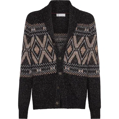 Brunello Cucinelli Geometric Jacquard Cardigan Sweaters And Cardigans Multicolor In Black
